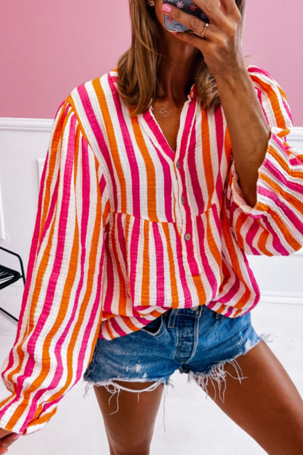 Striped Notched Flounce Sleeve Blouse